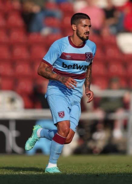 Manuel Lanzini of West Ham United during the Pre-season friendly between Northampton Town and West Ham United at Sixfields on July 13, 2021 in...