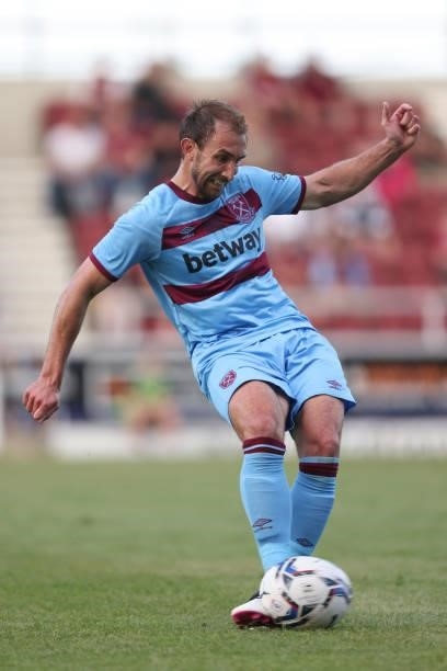 Craig Dawson of West Ham United during the Pre-season friendly between Northampton Town and West Ham United at Sixfields on July 13, 2021 in...