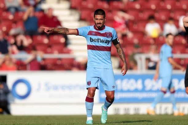 Manuel Lanzini of West Ham United during the Pre-season friendly between Northampton Town and West Ham United at Sixfields on July 13, 2021 in...