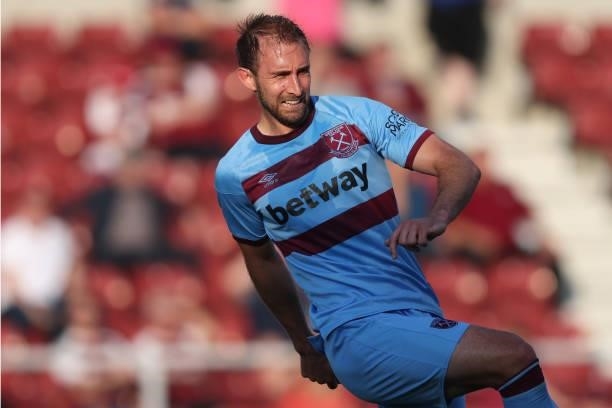 Craig Dawson of West Ham United during the Pre-season friendly between Northampton Town and West Ham United at Sixfields on July 13, 2021 in...