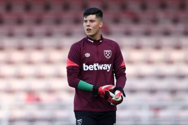 Krisztian Hegyi of West Ham United during the Pre-season friendly between Northampton Town and West Ham United at Sixfields on July 13, 2021 in...