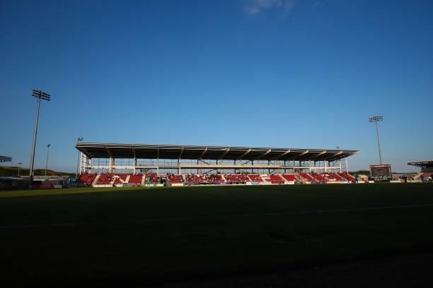 General view of Sixfields Stadium during the Pre-season friendly between Northampton Town and West Ham United at Sixfields on July 13, 2021 in...