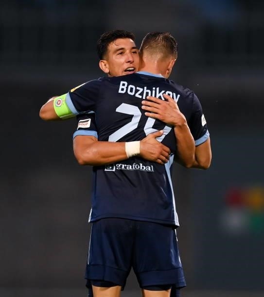 Dublin , Ireland - 13 July 2021; Vernon De Marco and Vasil Bozhikov of Slovan Bratislava following the UEFA Champions League first qualifying round...