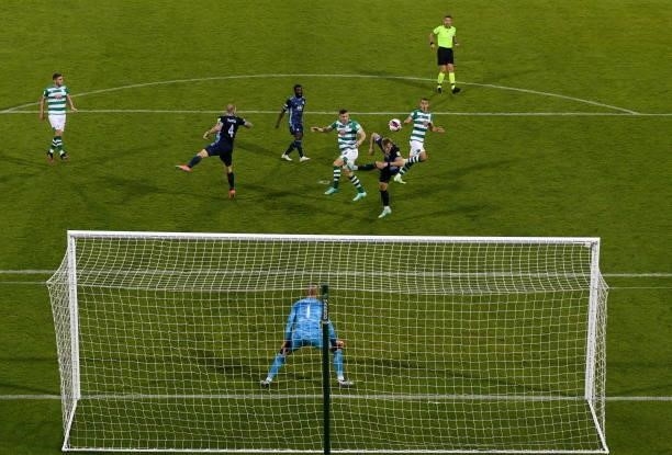Dublin , Ireland - 13 July 2021; Aaron Greene of Shamrock Rovers has a header on goal during the UEFA Champions League first qualifying round second...