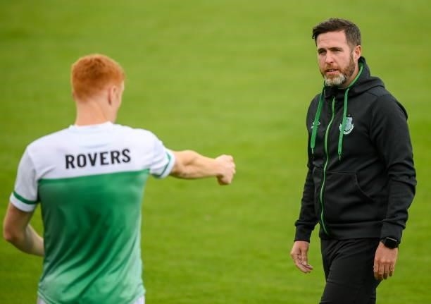 Dublin , Ireland - 13 July 2021; Shamrock Rovers manager Stephen Bradley and Rory Gaffney before the UEFA Champions League first qualifying round...