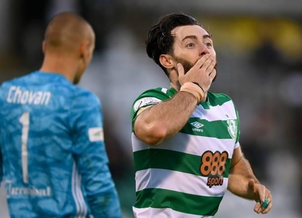Dublin , Ireland - 13 July 2021; Richie Towell of Shamrock Rovers celebrates after scoring his side's second goal during the UEFA Champions League...