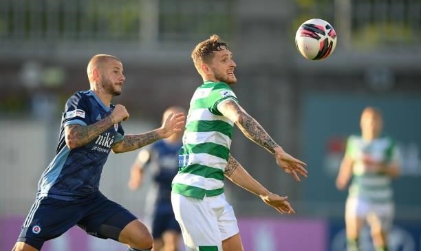 Dublin , Ireland - 13 July 2021; Lee Grace of Shamrock Rovers in action against Vladimír Weiss of Slovan Bratislava during the UEFA Champions League...