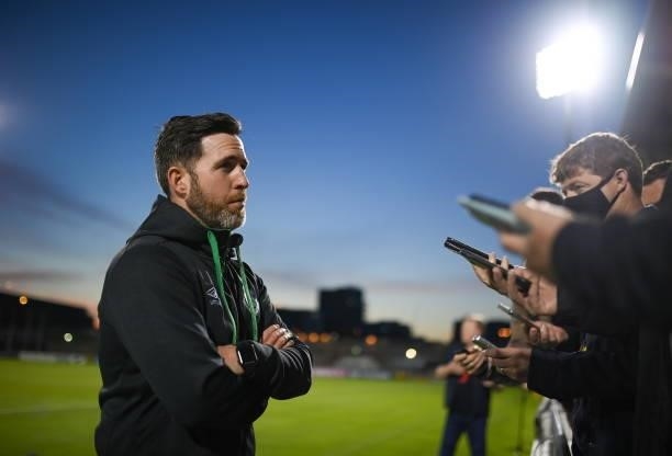 Dublin , Ireland - 13 July 2021; Shamrock Rovers manager Stephen Bradley speaks to media following the UEFA Champions League first qualifying round...