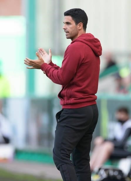 Mikel Arteta manager of Arsenal during the pre season friendly between Hibernian and Arsenal at Easter Road on July 13, 2021 in Edinburgh, Scotland.