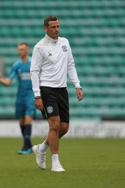 Jack Ross the head coach / manager of Hibernian during the Pre-Season Friendly between Hibernian and Arsenal at Easter Road on July 13, 2021 in...