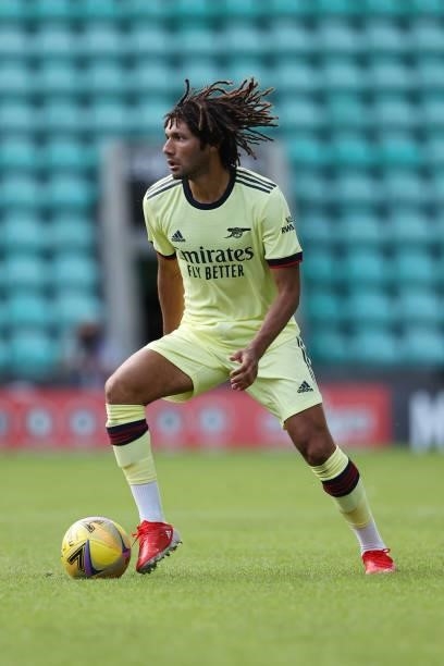Mohamed Elneny of Arsenal during the Pre-Season Friendly between Hibernian and Arsenal at Easter Road on July 13, 2021 in Edinburgh, Scotland.