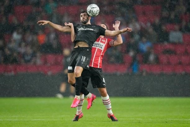 Miguel Castro of PAOK FC, Nick Viergever of PSV during the Club Friendly match between PSV v PAOK Saloniki at the Philips Stadium on July 14, 2021 in...