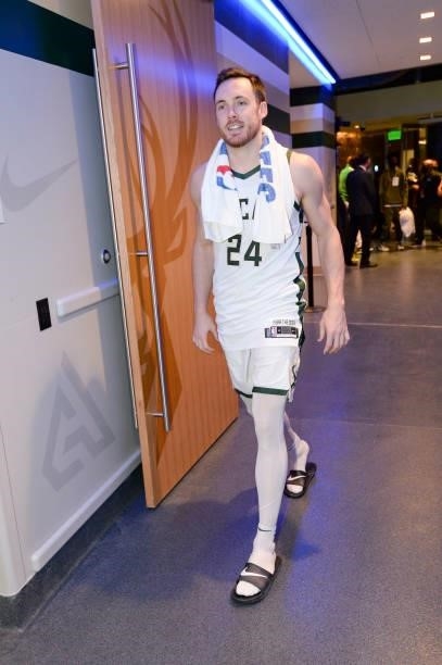 Pat Connaughton of the Milwaukee Bucks walks off of the court after the game against the Phoenix Suns during Game Four of the 2021 NBA Finals on July...