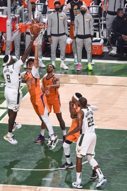 Bobby Portis of the Milwaukee Bucks drives to the basket during the game against the Phoenix Suns during Game Four of the 2021 NBA Finals on July 14,...