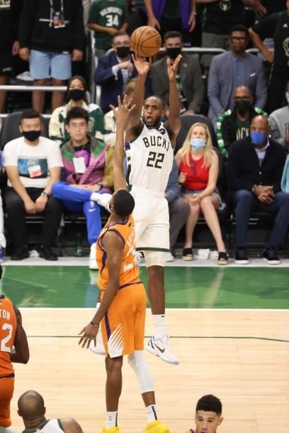 Khris Middleton of the Milwaukee Bucks shoots the ball during the game against the Phoenix Suns during Game Four of the 2021 NBA Finals on July 14,...