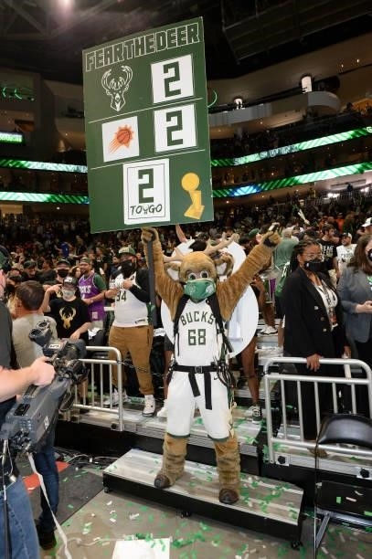 Mascot, Bango of the Milwaukee Bucks cheers after the game against the Phoenix Suns during Game Four of the 2021 NBA Finals on July 14, 2021 at the...