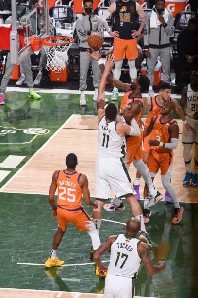 Deandre Ayton of the Phoenix Suns drives to the basket during the game against the Milwaukee Bucks during Game Four of the 2021 NBA Finals on July...