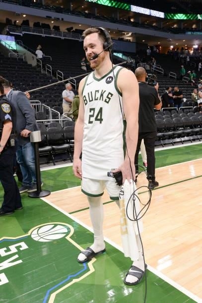 Pat Connaughton of the Milwaukee Bucks talks to the media after the game against the Phoenix Suns during Game Four of the 2021 NBA Finals on July 14,...