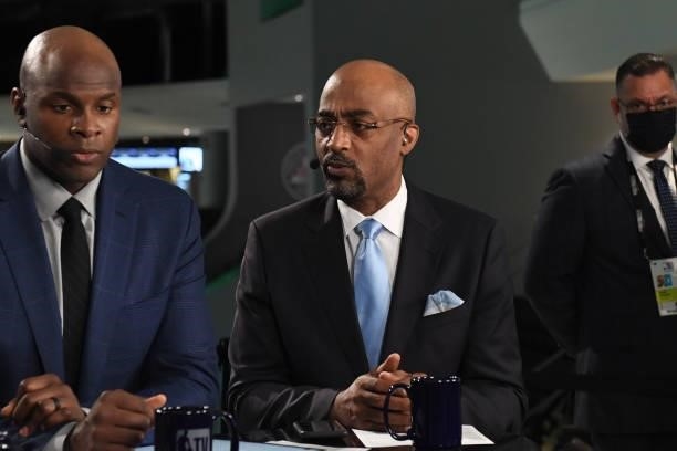 July 14: NBATV analysts, Dennis Scott and Brendan Haywood look on after during Game Four of the 2021 NBA Finals on July 14, 2021 at the Fiserv Forum...
