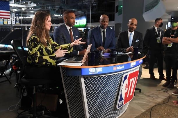 July 14: NBATV analysts, Kristen Ledlow, Grant Hill, Dennis Scott and Brendan Haywood look on after during Game Four of the 2021 NBA Finals on July...