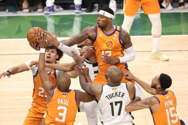 Torrey Craig of the Phoenix Suns shoots the ball during the game against the Milwaukee Bucks during Game Four of the 2021 NBA Finals on July 14, 2021...