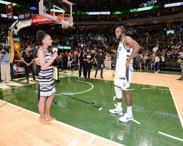 Sideline Reporter, Malika Andrews, talks to Khris Middleton of the Milwaukee Bucks after the game against the Phoenix Suns during Game Four of the...