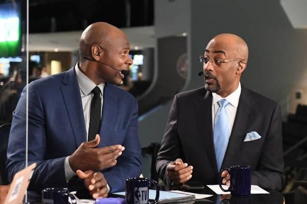 July 14: NBATV analysts, Dennis Scott and Brendan Haywood look on after during Game Four of the 2021 NBA Finals on July 14, 2021 at the Fiserv Forum...
