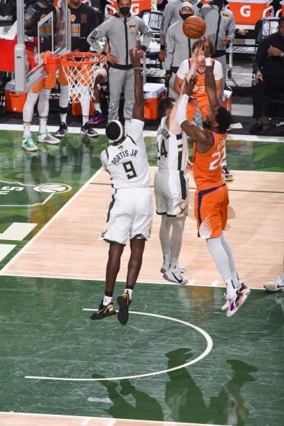 Deandre Ayton of the Phoenix Suns shoots the ball during the game against the Milwaukee Bucks during Game Four of the 2021 NBA Finals on July 14,...