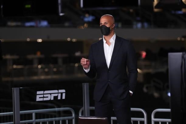 Reporter Richard Jefferson analyzes Game Four of the 2021 NBA Finals between the Milwaukee Bucks and the Phoenix Suns on July 14, 2021 at the Fiserv...