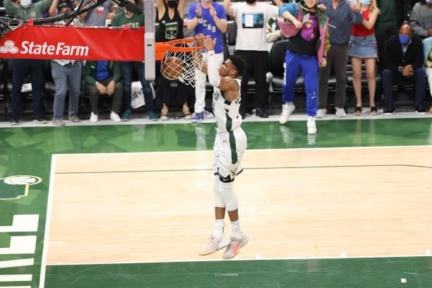 Giannis Antetokounmpo of the Milwaukee Bucks dunks the ball during the game against the Phoenix Suns during Game Four of the 2021 NBA Finals on July...