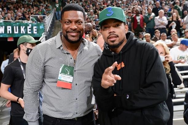 Celebrity, Chris Tucker and Rapper, Chance the Rapper pose for a photo before the game between the Phoenix Suns and Milwaukee Bucks during Game Four...