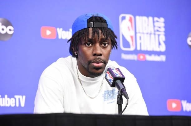 Jrue Holiday of the Milwaukee Bucks talks to the media after the game against the Phoenix Suns during Game Four of the 2021 NBA Finals on July 14,...