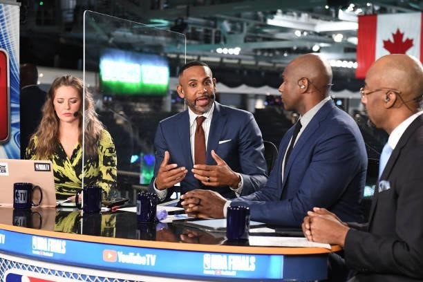 July 14: NBATV analysts, Kristen Ledlow, Grant Hill, Dennis Scott and Brendan Haywood look on after during Game Four of the 2021 NBA Finals on July...