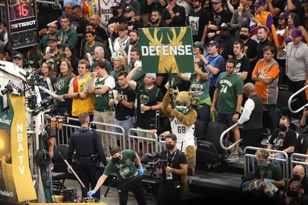 Bango, the Milwaukee Bucks mascot, gets fans excited during Game Four of the 2021 NBA Finals against the Phoenix Suns on July 14, 2021 at the Fiserv...