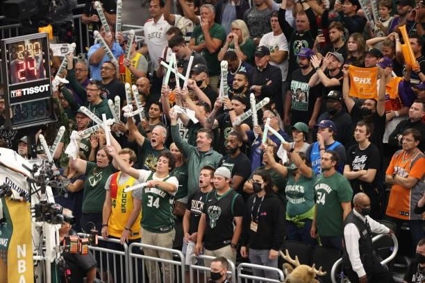 View of fans during Game Four of the 2021 NBA Finals between the Milwaukee Bucks and the Phoenix Suns on July 14, 2021 at the Fiserv Forum Center in...