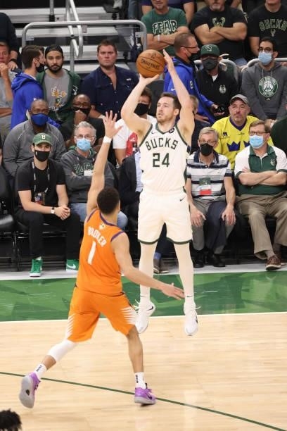 Pat Connaughton of the Milwaukee Bucks shoots the ball during the game against the Phoenix Suns during Game Four of the 2021 NBA Finals on July 14,...