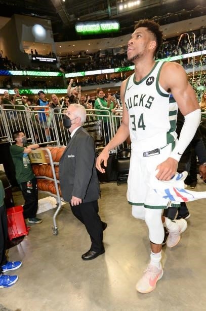 Giannis Antetokounmpo of the Milwaukee Bucks walks off of the court after the game against the Phoenix Suns during Game Four of the 2021 NBA Finals...