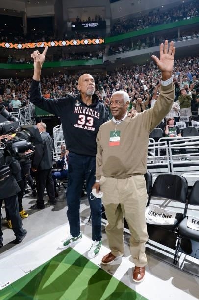 Legends, Kareem Abdul-Jabbar and Oscar Robertson pose for a photo before the game between the Phoenix Suns and Milwaukee Bucks during Game Four of...