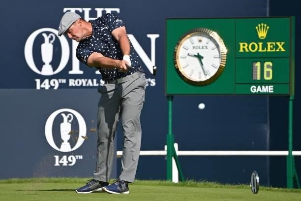 Golfer Bryson DeChambeau plays from the 1st tee during his first round on day one of The 149th British Open Golf Championship at Royal St George's,...