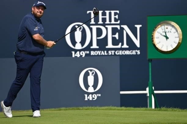 Ireland's Shane Lowry watches his drive from the 1st tee during his first round on day one of The 149th British Open Golf Championship at Royal St...