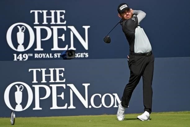 South Africa's Louis Oosthuizen watches his drive from the 1st tee during his first round on day one of The 149th British Open Golf Championship at...