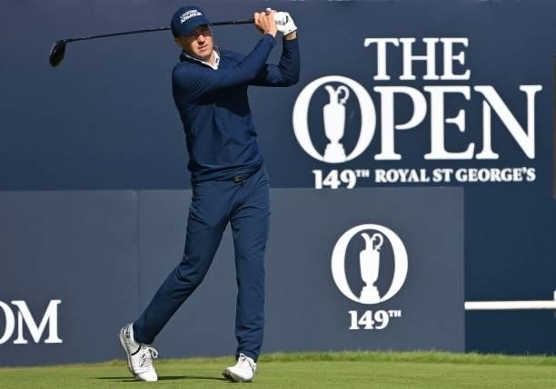 Golfer Jordan Spieth watches his drive from the 1st tee during his first round on day one of The 149th British Open Golf Championship at Royal St...