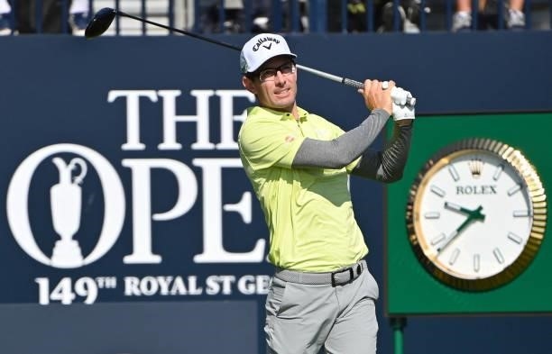 South Africa's Dylan Frittelli watches his drive from the 1st tee during his first round on day one of The 149th British Open Golf Championship at...
