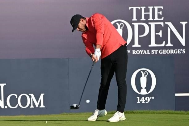 Golfer Brooks Koepka drives from the 1st tee during his first round on day one of The 149th British Open Golf Championship at Royal St George's,...