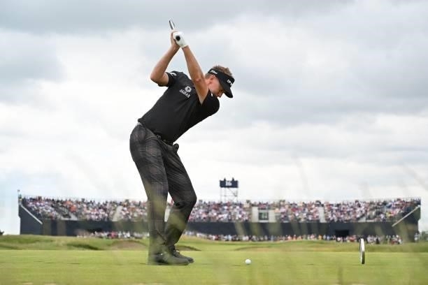 England's Ian Poulter plays from the 16th tee during his first round on day one of The 149th British Open Golf Championship at Royal St George's,...