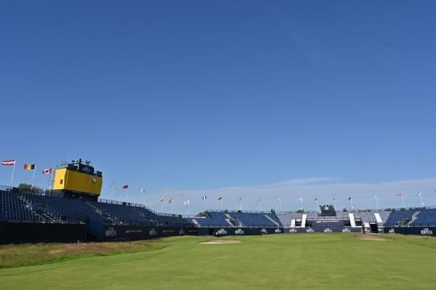 The 18th green is seen early in the morning on the opening day of The 149th British Open Golf Championship at Royal St George's, Sandwich in...