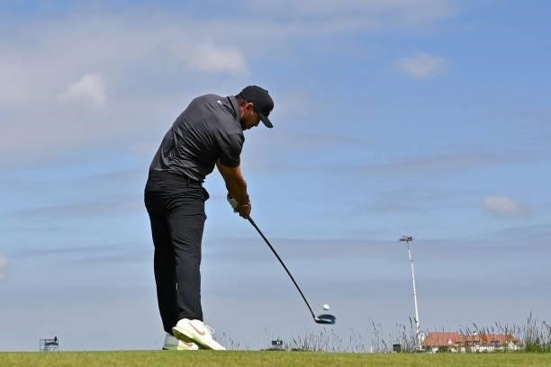 Golfer Brooks Koepka plays from the 13th tee during his first round on day one of The 149th British Open Golf Championship at Royal St George's,...
