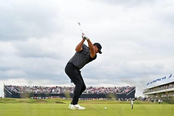 Golfer Brooks Koepka plays from the 16th tee during his first round on day one of The 149th British Open Golf Championship at Royal St George's,...