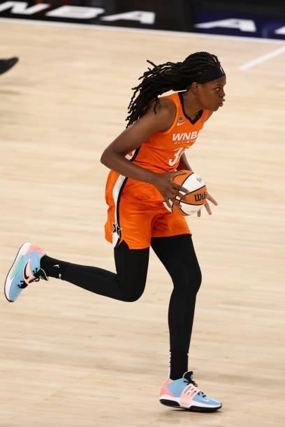 Jonquel Jones of Team WNBA handles the ball against the USA Basketball Womens National Team during the AT&T WNBA All-Star Game 2021 on July 14, 2021...