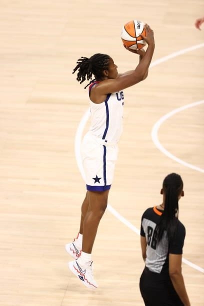 Ariel Atkins of the USA Basketball Womens National Team shoots a 3-pointer against Team WNBA during the AT&T WNBA All-Star Game 2021 on July 14, 2021...